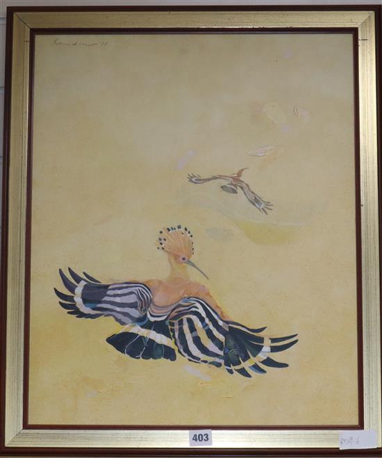 Lars Kausden, acrylic on board, Hoopoe in flight, signed and dated 81, 55 x 45cm